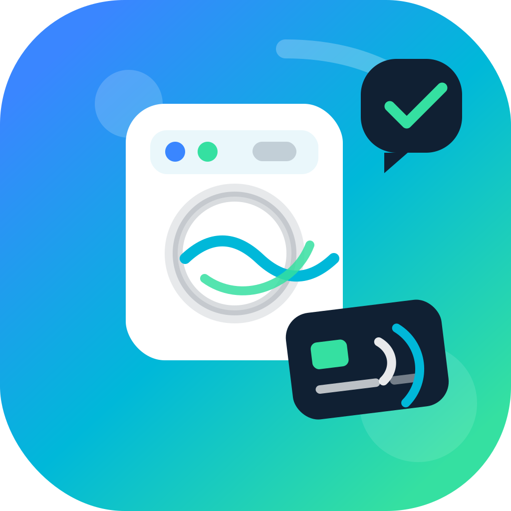Illustration of washer, payment card, and completed laundry notification
